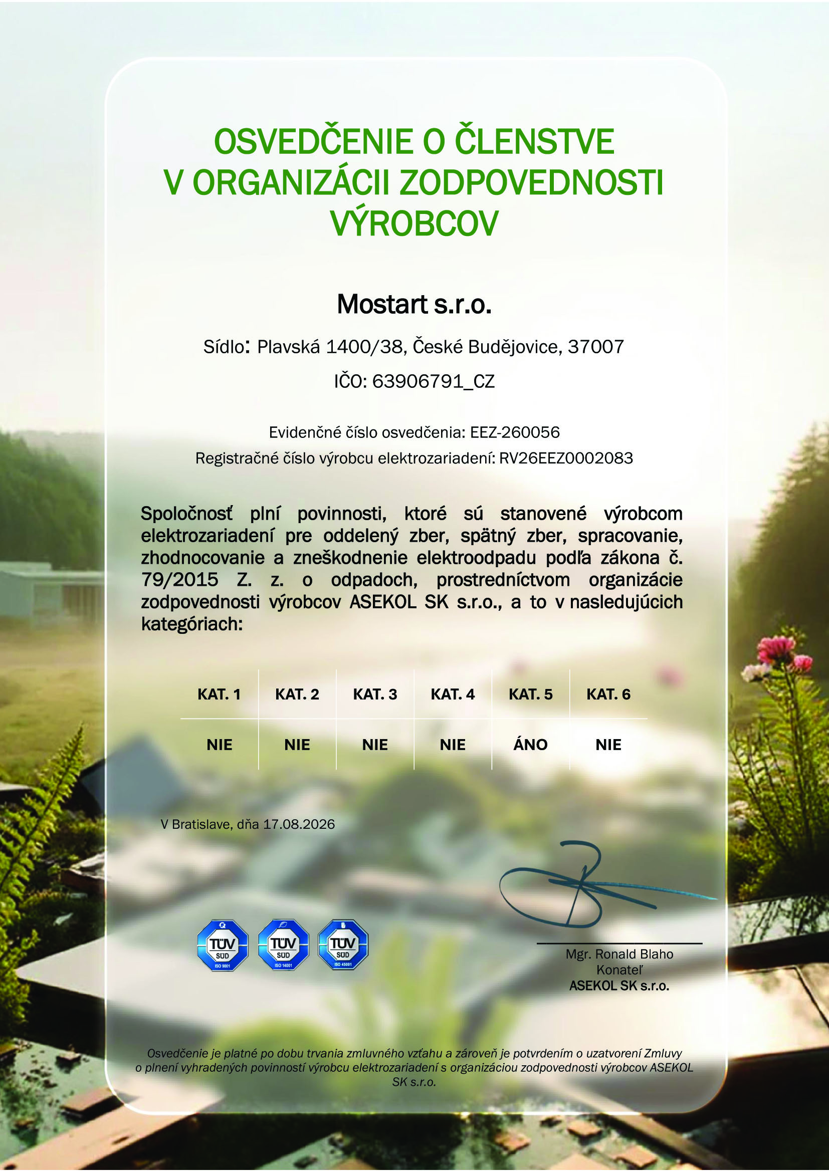 EEZ - OSVEDČENIE O ČLENSTVE V ORGANIZÁCII ZODPOVEDNOSTI VÝROBCOV copy